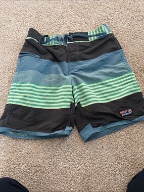 Patagonia Men’s Black, Blue & Green Striped Swim Board Shorts